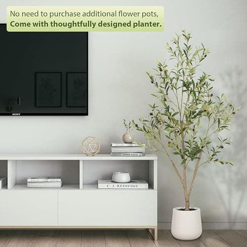 VIVATREES Olive Trees Artificial Indoor, 5FT Tall Faux Olive Tree with White Tall Planter, Artificial Plants with Natural Wood Trunk and Lifelike Fruits for Home Office Decor thumbnail 3