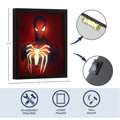 Marvel Spiderman Dual LED Wall Art,Superhero Décor, Red & Blue Comic Style Print, Official Framed Artwork for Kids Room, Bedroom, or Game Room,16"x16" thumbnail 3