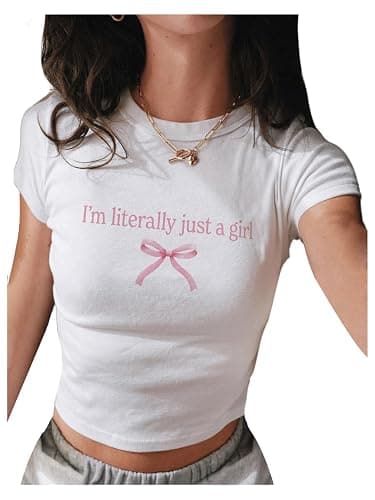 RoseSeek Women's Graphic Bow Short Sleeve Crewneck Crop Tops Slim Fit Y2K Cute T Shirts - Image 1