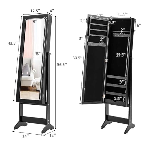 Giantex Jewelry Cabinet with Full-Length Mirror, Standing Jewelry Armoire Organizer with 64 Earring Slots, 72 Ring Slots, 20 Necklace Hooks, 4 Storage Shelves, 3 Angle Adjustable (Black) thumbnail 3