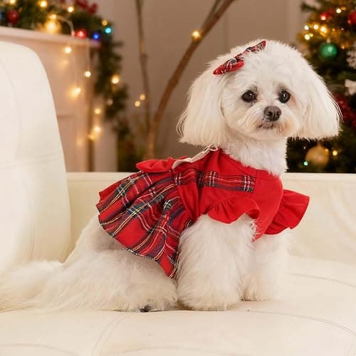 FLAdorepet Reindeer Dog Christmas Dress with Hair Bow,Pet Cat Antler Costume Holiday Outfits,Classic Red Plaid Puppy Skirt Dresses Clothes for Small Medium Dogs Girl,L thumbnail 3