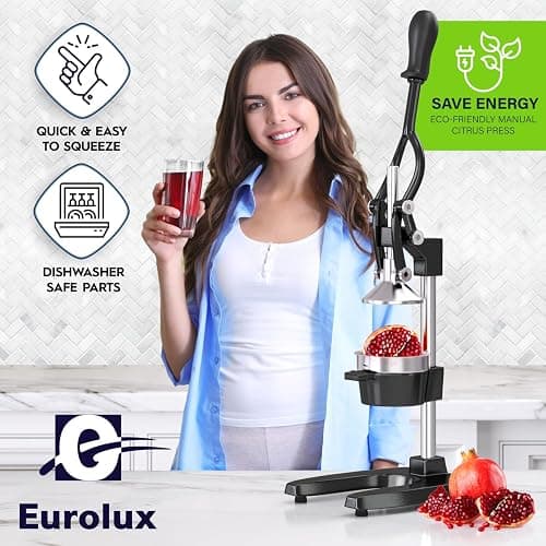 Eurolux Cast Iron Citrus Juicer | Extra-Large Commercial Grade Manual Hand Press | Heavy Duty Countertop Squeezer for Fresh Orange Juice (Bonus Stainless Steel Cup) (Black) thumbnail 6