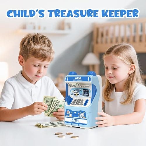 Rabbit ATM Piggy Bank for Girls with Automatic Bill Roller, Electronic Coin Bank with Simulated Card Slot & Facial Recognition, ATM Money Saving Box with Music Function for Kids(Blue) thumbnail 2