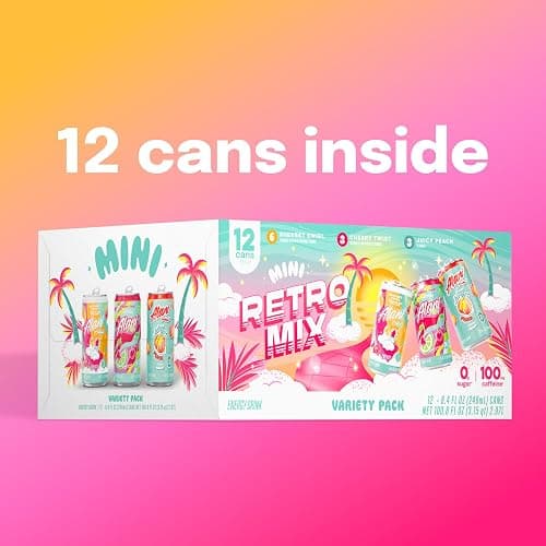 Alani Nu RETRO VARIETY PACK (Sherbet Swirl, Juicy Peach and Cherry Twist), Low Calorie Energy Drinks, 100mg Caffeine, Biotin, B Vitamins, Zero Sugar, 10 Calories or Less, 8 Fl Oz Cans, 12 Pack thumbnail 6