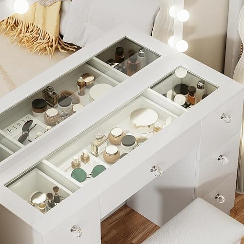VOWNER Vanity with Lighted Mirror - Makeup Vanity Desk with Glass Top, 7 Drawers and Power Outlet, 3 Color Lighting Modes Adjustable Brightness, 44" Vanity Table with Stool for Women Girls, White thumbnail 3