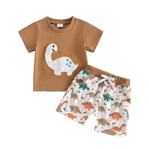 Onfmst Toddler Baby Boy Summer Clothes 0 6 12 18 24 Months Dinosuar Embroidery Outfit 2PCS Short Sleeve T-shirt Shorts Set - Image 1