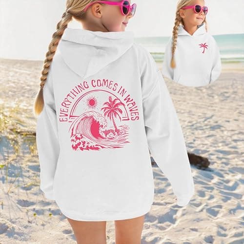 KIEKIECOO Girls Palm Graphic Hoodie Beach Cute Hoodies With Pocket Kids Preppy Sweatshirt Ocean Pullover Long Sleeve Top thumbnail 3