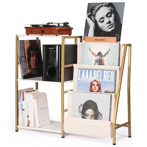 HYCFYJR Stand for Record Player, 3 Tier Vinyl Record Storage with Now Playing Holder, Turntable Stand, Vinyl Display with Speaker Storage for Living Room, Gold White - Image 1