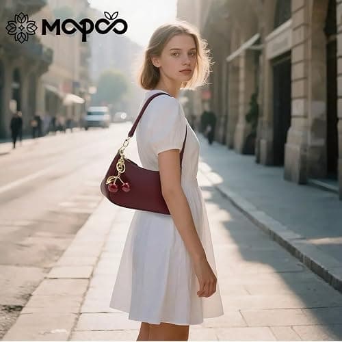 MOPOVO Black Shoulder Bag for Women Cute Hobo Cherry Purse Retro Clutch Underarm Handbag with Removable Straps thumbnail 2