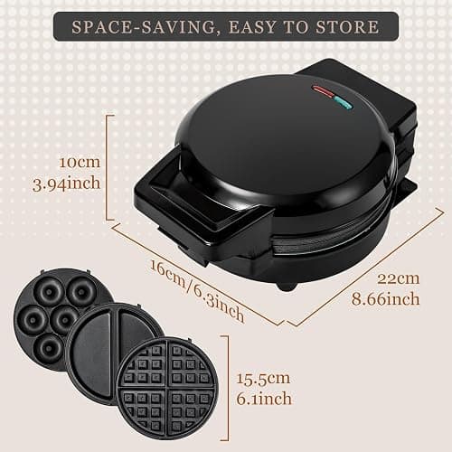 Mini Waffles Maker with 6 Removable Plates, 3 in 1 Small Waffle Maker Mini- Waffle, Pancake, Donut, 6" Non Stick Waffle Iron for Kids and Families, Black thumbnail 3