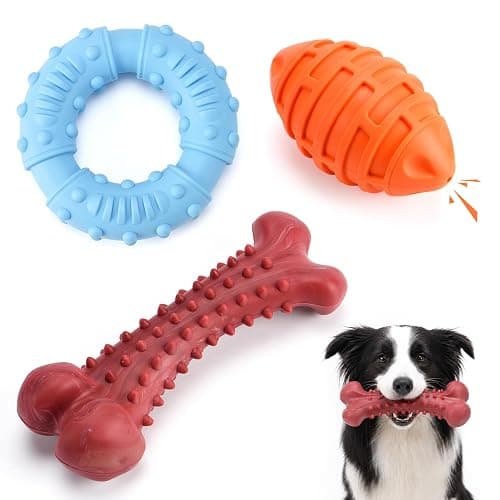 3 Pack Dog Chew Toys for Aggressive Chewers, interactive dog toys | 100% Natural Rubber Squeaky Rugby, Bacon & Milk Flavored, Durable Interactive Oral Care Toys for Medium & Large Breeds - Image 1
