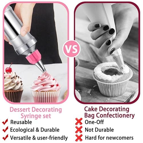 Hendiy Dessert Decorating Syringe Set, Frosting Piping Kit Stainless Steels Cake Decorating Kit with 6 Piping Tips & 9 silicone cupcakes, Cupcake Decorating Kit Piping Bags and Tips Set thumbnail 5