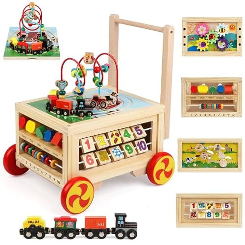 Wooden Activity Cube 7-in-1 Montessori Toys for 1+ Year Old Boys Girls Educational Learning Toys for Toddlers Age 1-2 One Year Old First Birthday Gift Bead Maze Magnetic Trains Track Shape Sorter - Image 1