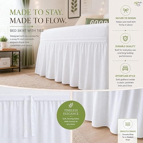Cottington Lane Twin XL Dorm Bed Skirt 32 Inch Drop, Extended Ruffled College Dorm Bed Skirt, Wrap Around Dust Ruffle, Premium Brushed Microfiber Extra Long Bed Skirt for Twin XL Dorm Beds, White thumbnail 4