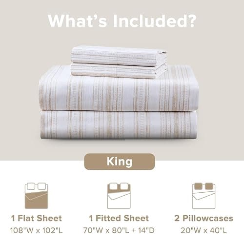 Comfort Spaces 100% Cotton Sheets King, Breathable, Naturally Cool Cotton Sheets, Cotton Bed Sheets with 14" Elastic Pocket Fits up to 16" Mattress, All Seasons Sheet Set, Good Vibes Taupe 4 Piece thumbnail 4