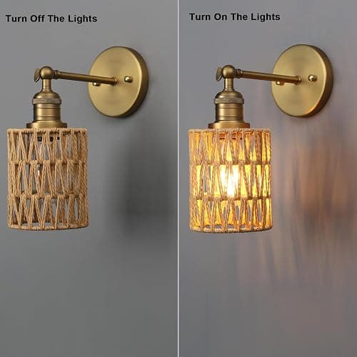 Yosoan Rattan Boho Wrapped Wall Sconce Light, Indoor Hardwired Hand-Woven Farmhouse Vintage Wall Lamps, Brass Handmade Braided Rope Small Straight Shade Wall Mount Fixture for Reading Hallway(Antique) - Antique thumbnail 5