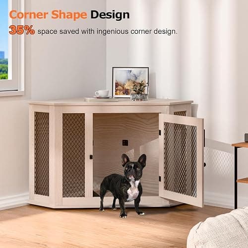 VENDORZ Corner Dog Crate Furniture, 44" Wooden Dog Kennel Furniture End Table with Mesh, Dog Kennel Indoor Furniture for Small Medium Dogs, Modern Decorative Wood Pet House Dog Cage Crate, White thumbnail 2