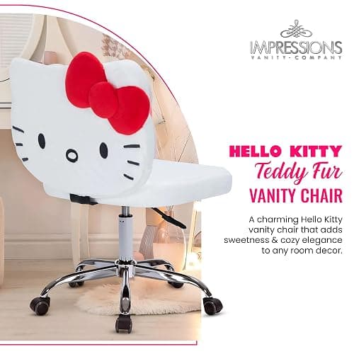 Impressions Vanity Hello Kitty Teddy Swivel Vanity Chair for Makeup Desk, Armless Rolling Chair with Wheels, Adjustable Height, 360 Degree Swing, Comfy Foam Padded Seat and Backrest (Teddy White) thumbnail 3