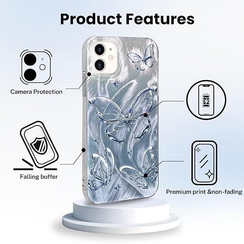 NITITOP Compatible for iPhone 11 Case Cute Butterfly Pattern for Women Girl Glitter Laser Shiny Feather Yarn Style Aesthetic Shockproof Hard Protective Phone Cover - Blue thumbnail 4