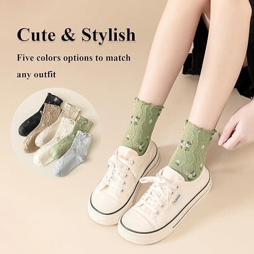 bropapa Womens Ruffle Crew Socks Vintage Patterned Ankle Casual Fashion Dress Sock Cute Lettuce Floral Socks 5/6 Pack thumbnail 5