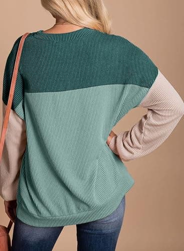 Dokotoo Womens Tops Fashion 2025 Color Block Long Sleeve Shirts Crewneck Knitted Casual Loose Pullover Blouses thumbnail 2