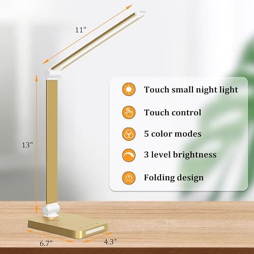 LED Desk Lamp with USB Ports,Touch Desk Lamps for Home Office with 5 Color Modes,3 Brightness Desk Light with Small Night Light,Reading Lamp Table Lamp for Bedroom Bedside Study Gold （with Adapter） thumbnail 3