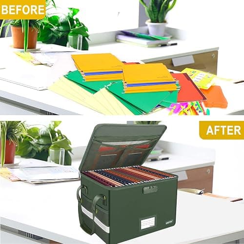 ENGPOW File Box with Lock, Fireproof Document Box with Zipper Lid, Collapsible File Storage Organizer Filing Cabinet with Handle, Portable Home Office Safe for Hanging Letter/Legal Folders, Green thumbnail 7