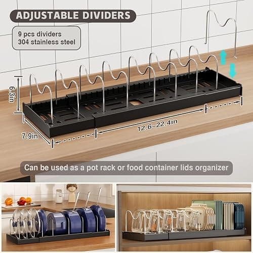 Magheo 2 Pack Expandable Food Storage Container Lid Organizers, 22" Pots and Pans Organizer Under Cabinet with 9 Adjustable Dividers Pot and Pan Lid Holders Rack Inside Cabinet(Black) thumbnail 2