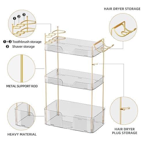 Akinbas 3 Tier Bathroom Organizer Countertop Makeup Perfume Tray Skincare Organizer Comes with Hair Dryer Rack and Toothbrush Holder for Bathroom Dresser Vanity (White) thumbnail 5