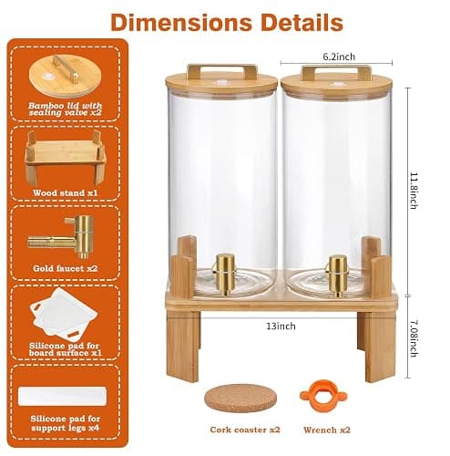 1.5 Gallon 2PCS Glass Drink Dispenser for Parties,Beverage Dispenser with Wooden Stand, Lemonade Dispenser,Juice Containers & Water Pitcher with Lid for Lemonade, Iced Tea and Party Drinks thumbnail 3