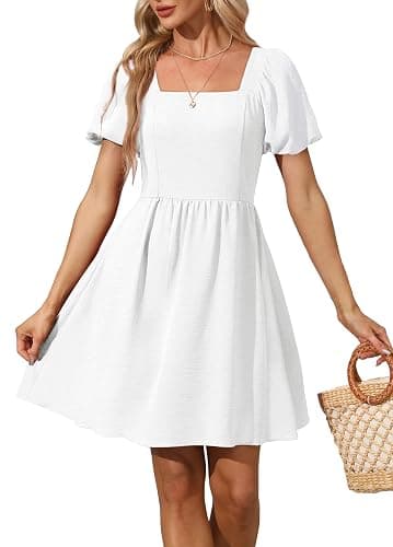 OFEEFAN Women Puff Sleeve Square Neck Tie in Back Dresses with Zipper - X-Small - A White - Image 1