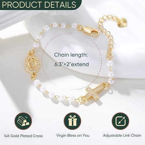 Gold Rosary Bead Cross Bracelet - 14k Gold Plated Virgin Mary Bracelets,Non Tarnish Golden Religious Rosarios Catolicos Virgen de Guadalupe Jewelry,Catholic Confirmation Baptism Gifts for Women thumbnail 4