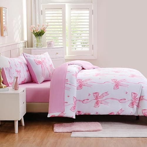 DORCAS Twin Size Bow Comforter Set 6Pcs Bed in A Bag for Girls Kids | Pink Girls Bedding Set,100% Microfiber,Whole-Piece Filling, Machine Washable, Deep-Pocket Sheet thumbnail 5