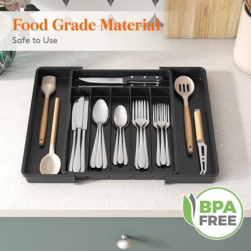 Lifewit Silverware Drawer Organizer, Expandable from 11 to 18 inches, Utensil Tray for Kitchen, BPA Free Flatware Cutlery Holder, Adjustable Plastic Storage for Spoons Forks Knives, Large, Black thumbnail 8