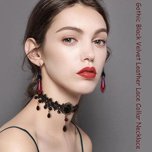 Gothic Black Necklace for Women Victorian Velvet Leather Lace Collar Necklace Adjustable Layered Heart Cross Choker Red Crystal Bat Earrings Goth Jewelry for Halloween thumbnail 3