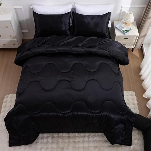 A Nice Night Satin Silky Soft Quilt Luxury Super Soft Microfiber Bedding Thin Comforter Set Full/Queen, Light Weighted (Black, Queen) - Black - Queen thumbnail 4