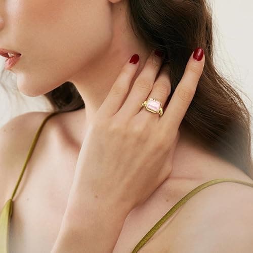 Phyonio Women's 14K Gold Plated Statement Rings Emerald Cut Teal Turquoise/Rose Quartz Crystal/Spiny Oyster Turquoise Signet Ring Stainless Steel Chunky Gold Rings Size 5-10 thumbnail 3