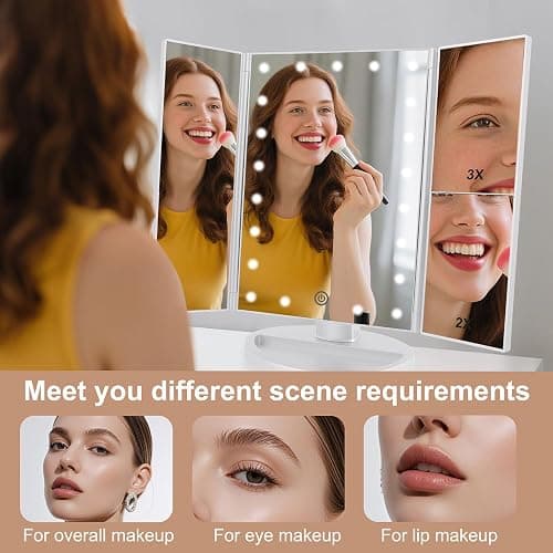 deweisn Floor Mount Tri-Fold Lighted Vanity Mirror with 21 LED Lights, Touch Screen and 3X/2X/1X Magnification, Two Power Supply Modes Make Up Mirror,Travel Mirror thumbnail 6
