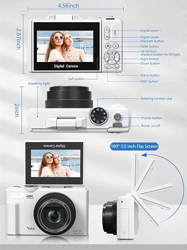 Digital Camera for Photography, 4K Vlogging Camera for YouTube 3" 180° Flip Screen 18X Digital Zoom Compact Cameras with 32GB TF Card & 2 Batteries, White thumbnail 8