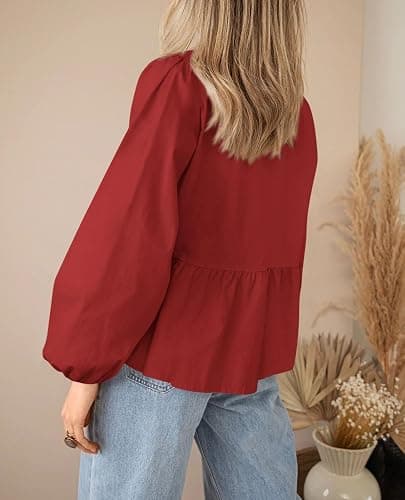 PRETTYGARDEN Women's Spring Fall Babydoll Peplum Blouse Shirt Puff Long Sleeve Bow Tie Front Trendy Cute Y2K Going Out Tops thumbnail 2