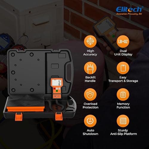 Elitech Refrigerant Scale 110 lbs, HVAC Scale with LB+OZ Display, LMC-100F+ | High Accuracy ±0.05% +5g, Dual Unit LB/OZ & Kg/g, 2g Resolution, Sturdy Metal Platform, Carry Case Included thumbnail 2