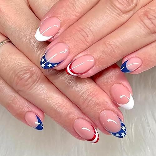 4th Of July French Tip Press On Nails Short Almond Fake Nails Independence Day False Nails Press Ons With Star Design Nude Stick On Nails Full Cover Glue On Nail For Women Nail Supplies 24pcs - Image 1