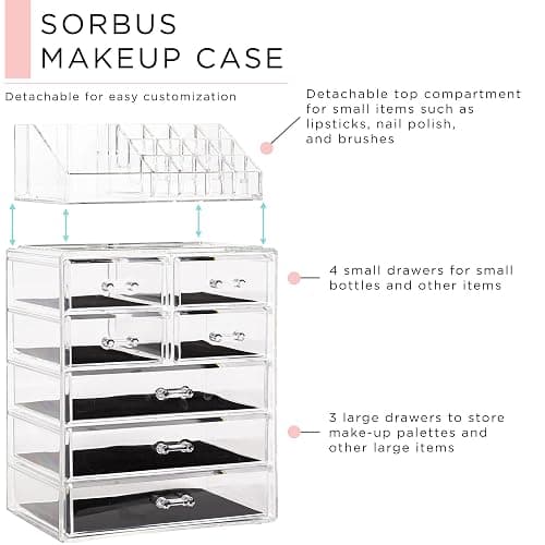Sorbus Acrylic Makeup Organizer Set, 7-Drawer Vanity & Countertop Cosmetic Storage with Small & Wide Compartments, Clear Makeup Storage for Brushes, Lipsticks, Jewelry – Holiday Gift for Women & Teens thumbnail 4