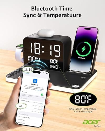 acer 7-in-1 Wireless Charging Station: Charger Stand for Multiple Devices for Apple - iPhone 16 15 14 13 12 Pro Max Apple Watch Airpods, Wireless Charger iPhone Charging Station with Bluetooth TimeSyn thumbnail 7