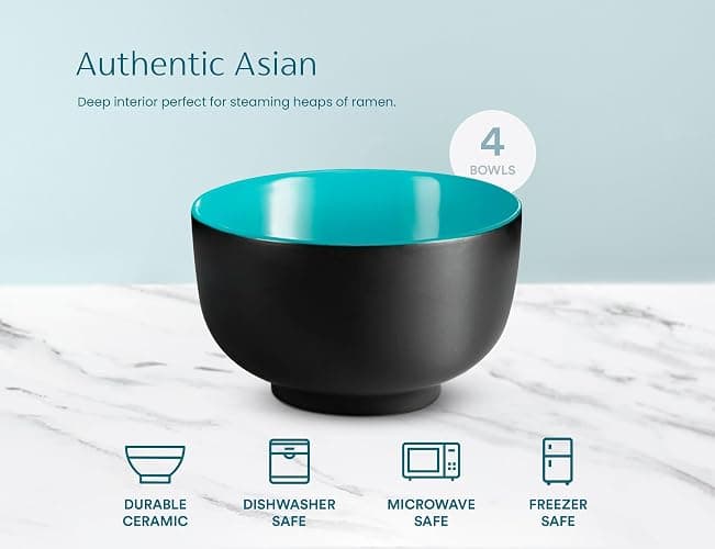 KooK Ramen Bowl, Japanese Bowls, Noodle Bowls, Large Soup Bowl, Ceramic, Large Capacity, For Ramen, Pho, Udon, Soba, Microwave and Dishwasher Safe, 34 oz, Set of 4 (Black/Teal) thumbnail 6