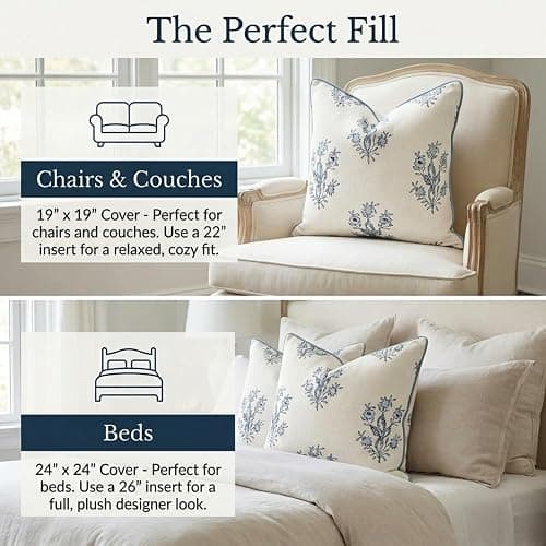 Jillien Harbor “The Mary” Blue and White Decorative Throw Pillow Cover – Floral Block Print Pillow Cover – Grandmillennial Home Decor, 19" x 19" thumbnail 9