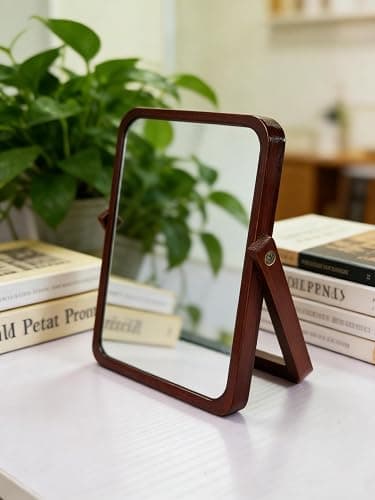Honeystore Solid Wood Makeup Mirror, 360° Rotating Desktop Vanity Mirror, 9" x 7.1" HD Silver Mirror, Natural Wood Frame, Portable Tabletop & Wall Hanging Cosmetic Mirror (Dark Brown) - Image 1