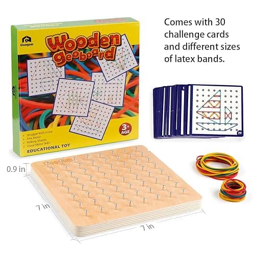 Coogam Wooden Geoboard Mathematical Manipulative Material Array Block Geo Board – Graphical Educational Toys with 30Pcs Pattern Cards and Latex Bands Shape STEM Puzzle Matrix 8x8 Brain Teaser for Kid thumbnail 3