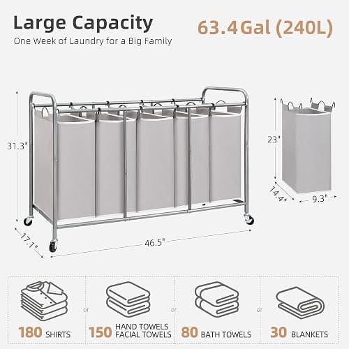 STORAGE MANIAC 5 Section Laundry Sorter, 5 Bins Rolling Separator Laundry Basket, Dirty Clothes Hamper Divider with Heavy Duty Lockable Wheels, Large Clothes Organizer Cart, Gray thumbnail 3