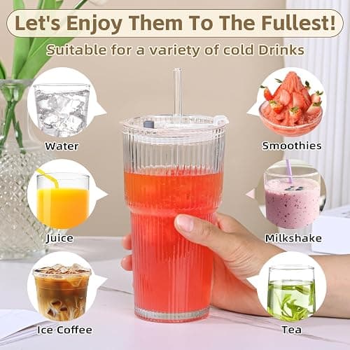 AFINSEA 20OZ Glass Tumbler with Straw and Lid,Glass Cups with Lids and Straws,Ribbed Iced Coffee Cups Vintage Glassware for Juice Whiskey Cocktail Beer thumbnail 4